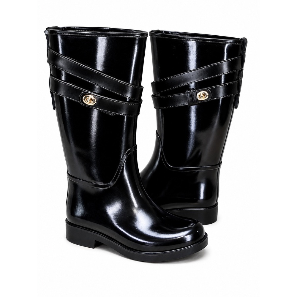 Coach Trisha II Black Rubber Rain Boots Turnlock Straps Q7722
